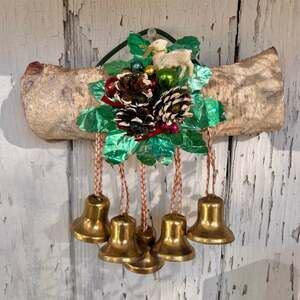 Christmas Log Wall/Door Hanging w/Brass Bells & Lamb Vintage Made in Japan